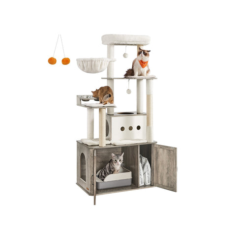 Rootz 170cm Cat Scratching Post - Litter Box Cabinet - Cat Tree - Durable Chipboard & Sisal - Grey, Brown- 80cm x 49cm x 170cm