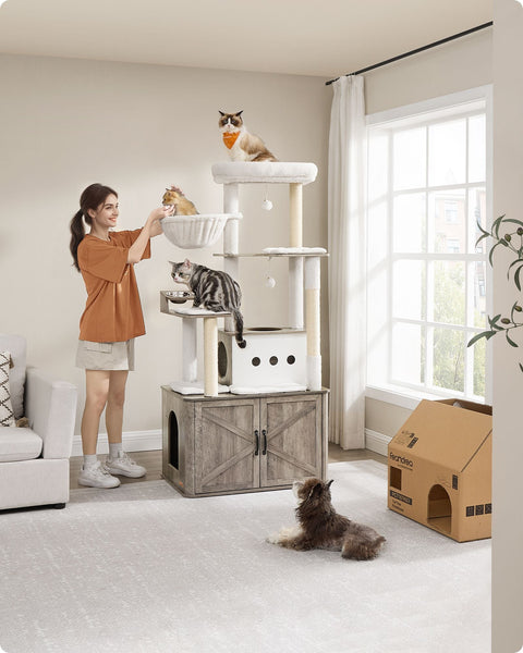 Rootz 170cm Cat Scratching Post - Litter Box Cabinet - Cat Tree - Durable Chipboard & Sisal - Grey, Brown- 80cm x 49cm x 170cm
