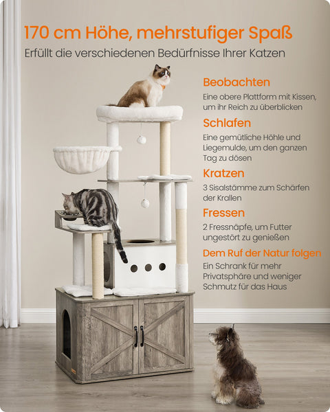 Rootz 170cm Cat Scratching Post - Litter Box Cabinet - Cat Tree - Durable Chipboard & Sisal - Grey, Brown- 80cm x 49cm x 170cm