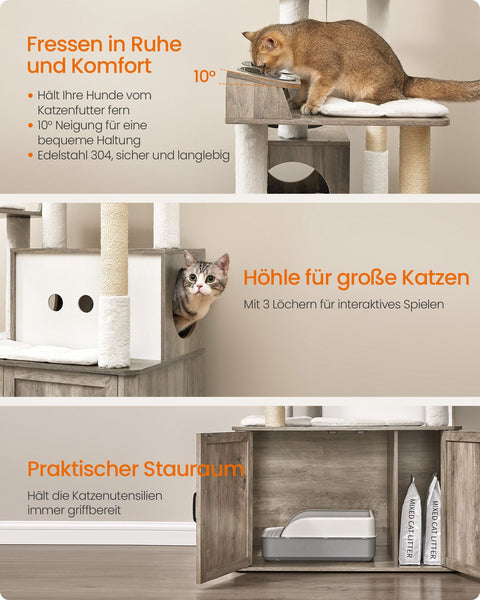 Rootz 170cm Cat Scratching Post - Litter Box Cabinet - Cat Tree - Durable Chipboard & Sisal - Grey, Brown- 80cm x 49cm x 170cm