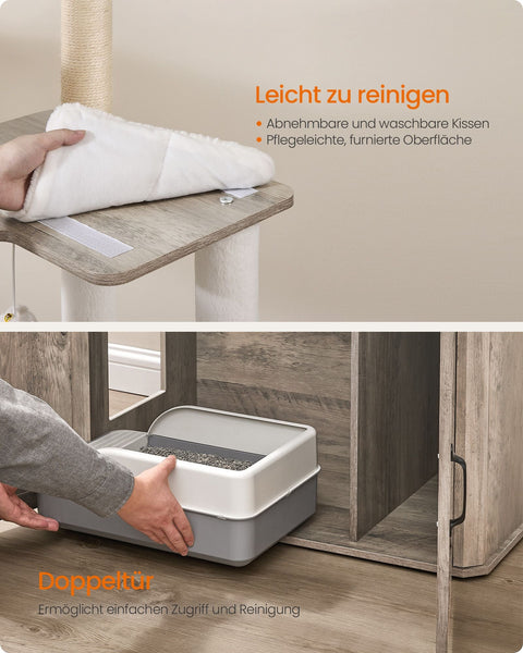 Rootz 170cm Cat Scratching Post - Litter Box Cabinet - Cat Tree - Durable Chipboard & Sisal - Grey, Brown- 80cm x 49cm x 170cm