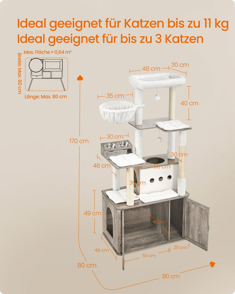 Rootz 170cm Cat Scratching Post - Litter Box Cabinet - Cat Tree - Durable Chipboard & Sisal - Grey, Brown- 80cm x 49cm x 170cm