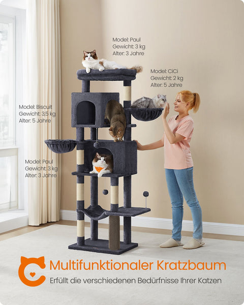 Rootz Cat Scratching Post - Cat Tree - Feline Furniture - 3 Tier - Chipboard - Plush - Sisal - 57cm x 45cm x 175cm