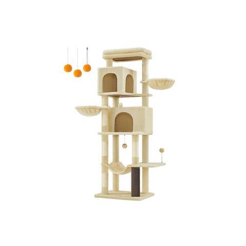 Rootz XL Scratching Post - Large Cat Tree - Cat Climbing Tower - Chipboard - 175cm x 57cm x 45cm - Sand Beige Plush - Sisal-covered Post