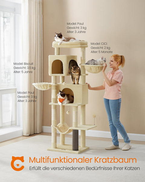 Rootz XL Scratching Post - Large Cat Tree - Cat Climbing Tower - Chipboard - 175cm x 57cm x 45cm - Sand Beige Plush - Sisal-covered Post