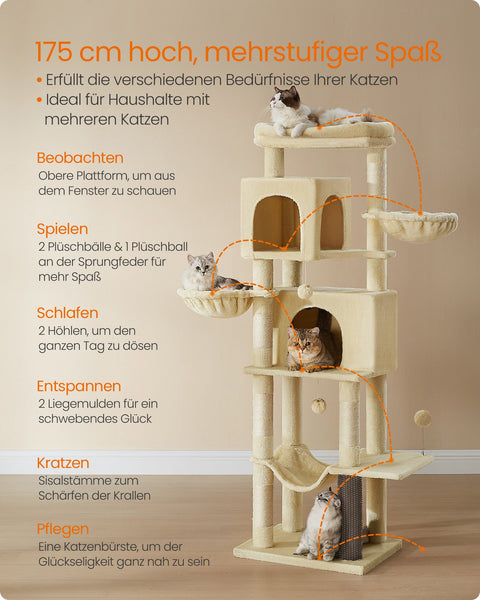 Rootz XL Scratching Post - Large Cat Tree - Cat Climbing Tower - Chipboard - 175cm x 57cm x 45cm - Sand Beige Plush - Sisal-covered Post