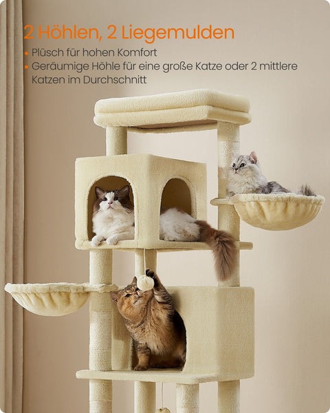 Rootz XL Scratching Post - Large Cat Tree - Cat Climbing Tower - Chipboard - 175cm x 57cm x 45cm - Sand Beige Plush - Sisal-covered Post
