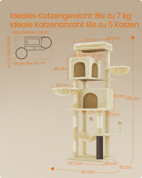 Rootz XL Scratching Post - Large Cat Tree - Cat Climbing Tower - Chipboard - 175cm x 57cm x 45cm - Sand Beige Plush - Sisal-covered Post