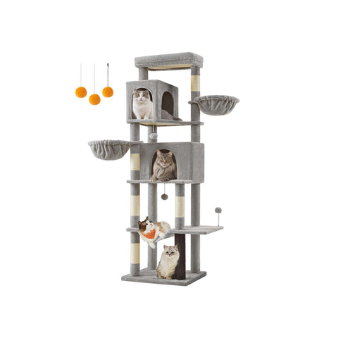 Rootz Scratching Tree - Cat Climbing Tower - Feline Activity Center - 190.7cm High - 2 Caves - 59cm x 48cm x 190.7cm -  Grey