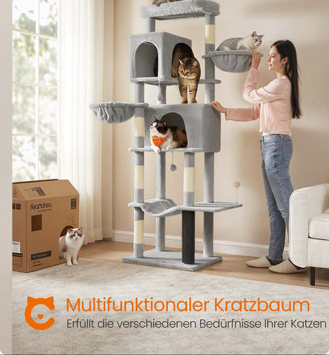 Rootz Scratching Tree - Cat Climbing Tower - Feline Activity Center - 190.7cm High - 2 Caves - 59cm x 48cm x 190.7cm -  Grey