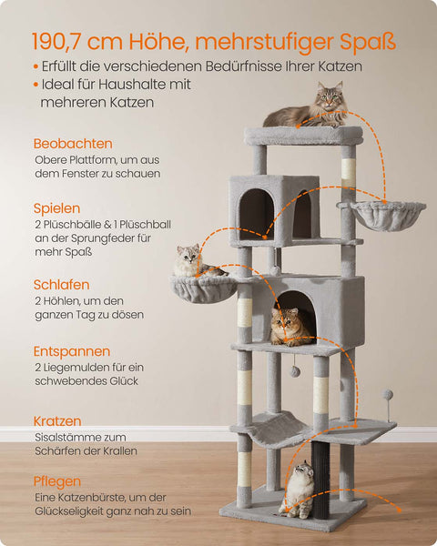 Rootz Scratching Tree - Cat Climbing Tower - Feline Activity Center - 190.7cm High - 2 Caves - 59cm x 48cm x 190.7cm -  Grey