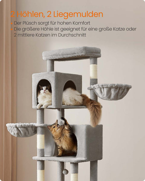 Rootz Scratching Tree - Cat Climbing Tower - Feline Activity Center - 190.7cm High - 2 Caves - 59cm x 48cm x 190.7cm -  Grey