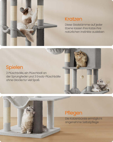 Rootz Scratching Tree - Cat Climbing Tower - Feline Activity Center - 190.7cm High - 2 Caves - 59cm x 48cm x 190.7cm -  Grey