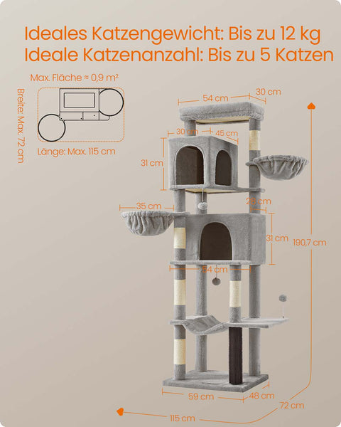 Rootz Scratching Tree - Cat Climbing Tower - Feline Activity Center - 190.7cm High - 2 Caves - 59cm x 48cm x 190.7cm -  Grey