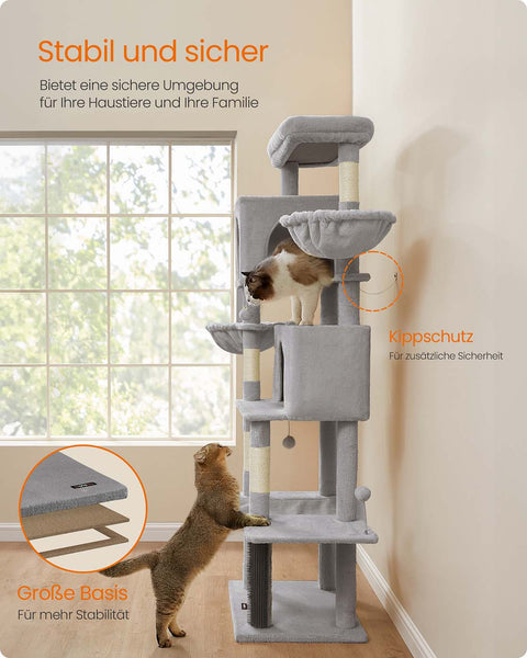 Rootz Scratching Tree - Cat Climbing Tower - Feline Activity Center - 190.7cm High - 2 Caves - 59cm x 48cm x 190.7cm -  Grey