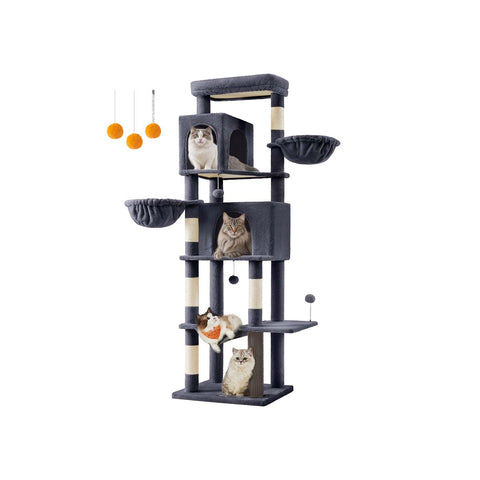 Rootz Scratching Tree - Cat Tower - Pet Play Structure - 2 Caves & Lying Nozzles - 190.7cm High -  Grey - 59cm x 48cm x 190.7cm