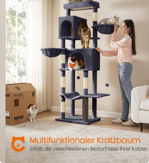 Rootz Scratching Tree - Cat Tower - Pet Play Structure - 2 Caves & Lying Nozzles - 190.7cm High -  Grey - 59cm x 48cm x 190.7cm
