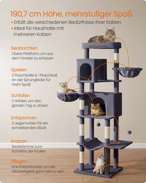 Rootz Scratching Tree - Cat Tower - Pet Play Structure - 2 Caves & Lying Nozzles - 190.7cm High -  Grey - 59cm x 48cm x 190.7cm