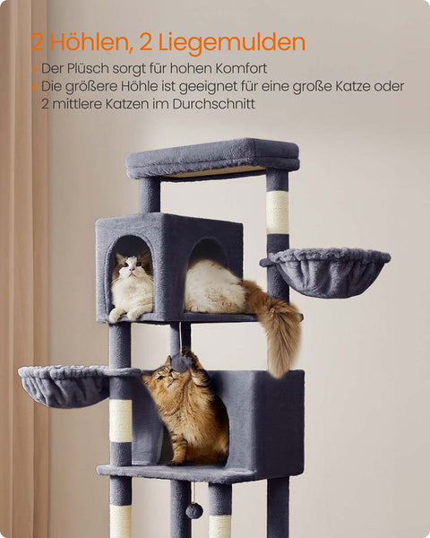 Rootz Scratching Tree - Cat Tower - Pet Play Structure - 2 Caves & Lying Nozzles - 190.7cm High -  Grey - 59cm x 48cm x 190.7cm