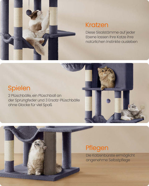 Rootz Scratching Tree - Cat Tower - Pet Play Structure - 2 Caves & Lying Nozzles - 190.7cm High -  Grey - 59cm x 48cm x 190.7cm