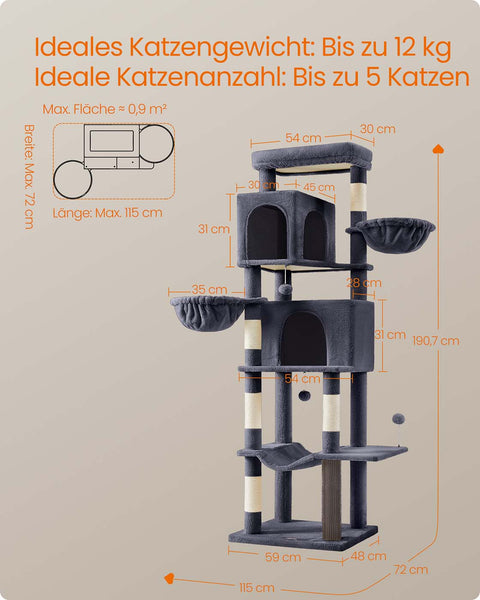 Rootz Scratching Tree - Cat Tower - Pet Play Structure - 2 Caves & Lying Nozzles - 190.7cm High -  Grey - 59cm x 48cm x 190.7cm