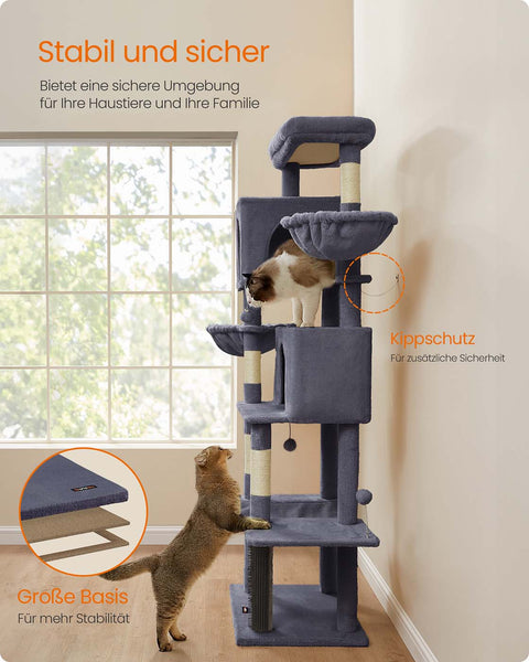Rootz Scratching Tree - Cat Tower - Pet Play Structure - 2 Caves & Lying Nozzles - 190.7cm High -  Grey - 59cm x 48cm x 190.7cm