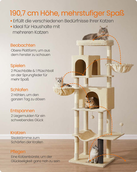 Rootz Cat Tree Tower - Scratching Post - Kitty Condos - Sisal Rope - 190.7cm High - 59cm x 48cm x 190.7cm - Durable and Stylish Design