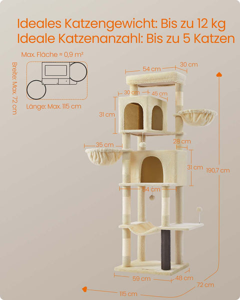 Rootz Cat Tree Tower - Scratching Post - Kitty Condos - Sisal Rope - 190.7cm High - 59cm x 48cm x 190.7cm - Durable and Stylish Design