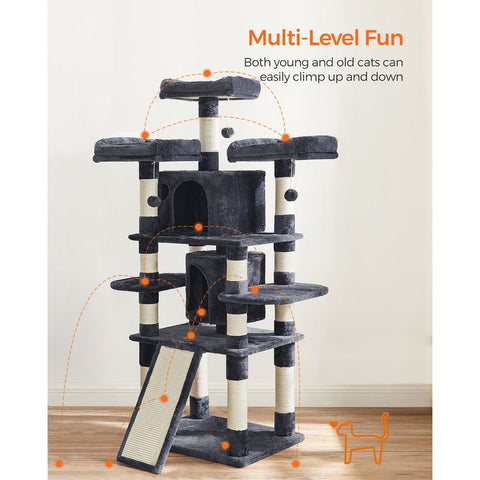 Rootz Cat Scratching Post - Climbing Tower - Sisal Scratcher - Two Cozy Caves - Chipboard - 60cm x 55cm x 172cm