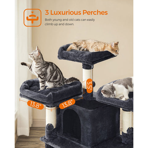 Rootz Cat Scratching Post - Climbing Tower - Sisal Scratcher - Two Cozy Caves - Chipboard - 60cm x 55cm x 172cm