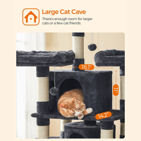 Rootz Cat Scratching Post - Climbing Tower - Sisal Scratcher - Two Cozy Caves - Chipboard - 60cm x 55cm x 172cm