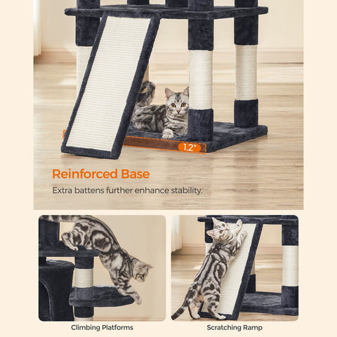 Rootz Cat Scratching Post - Climbing Tower - Sisal Scratcher - Two Cozy Caves - Chipboard - 60cm x 55cm x 172cm
