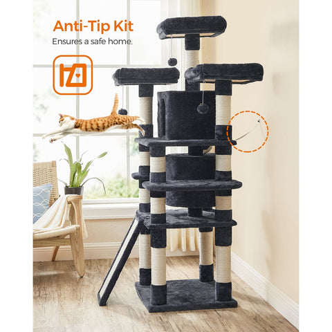 Rootz Cat Scratching Post - Climbing Tower - Sisal Scratcher - Two Cozy Caves - Chipboard - 60cm x 55cm x 172cm