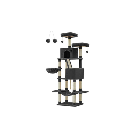 Rootz Large Scratching Post - Multi-Tiered Cat Tree - Ink Black - Chipboard & Plush - 60cm x 50cm x 206cm - 23.5kg - Max load 75kg