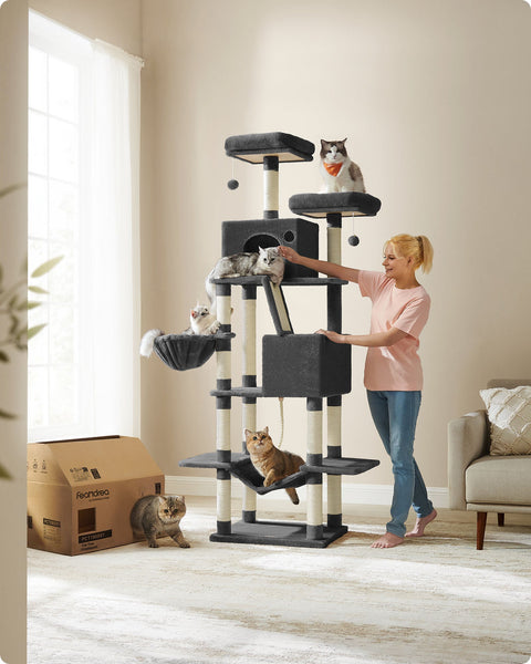 Rootz Large Cat Scratching Post - Kitty Furniture - Multi-Level Scratcher - Ink Black - 60cm x 50cm x 206cm