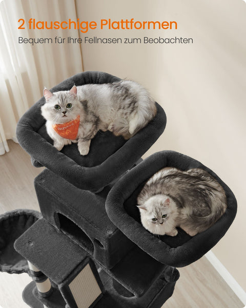 Rootz Large Scratching Post - Multi-Tiered Cat Tree - Ink Black - Chipboard & Plush - 60cm x 50cm x 206cm - 23.5kg - Max load 75kg