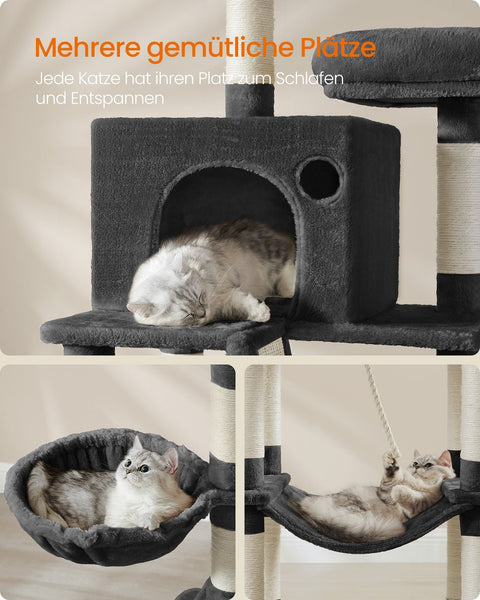 Rootz Large Scratching Post - Multi-Tiered Cat Tree - Ink Black - Chipboard & Plush - 60cm x 50cm x 206cm - 23.5kg - Max load 75kg