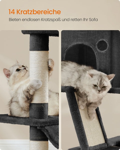 Rootz Large Scratching Post - Multi-Tiered Cat Tree - Ink Black - Chipboard & Plush - 60cm x 50cm x 206cm - 23.5kg - Max load 75kg