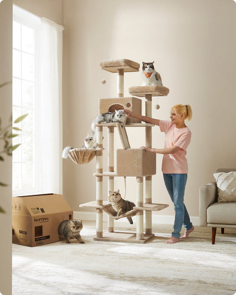Rootz Large Scratching Post - Cat Tree - Multi-level Scratcher - Chipboard Plush Sisal - 60cm x 50cm x 206cm