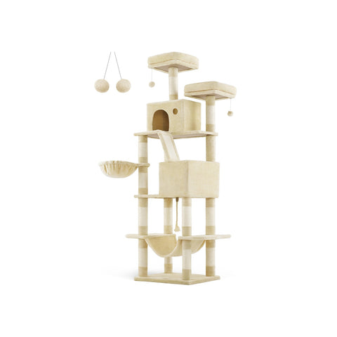 Rootz Large Beige Cat Tree - Cat Condo - Multi-level Cat Tower - Chipboard, Plush, Sisal - 60cm x 50cm x 206cm - 23.5kg - 75 kg Capacity