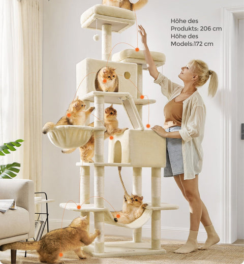 Rootz Large Beige Cat Tree - Cat Condo - Multi-level Cat Tower - Chipboard, Plush, Sisal - 60cm x 50cm x 206cm - 23.5kg - 75 kg Capacity