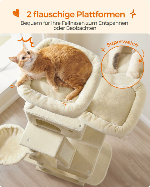 Rootz Large Beige Cat Tree - Cat Condo - Multi-level Cat Tower - Chipboard, Plush, Sisal - 60cm x 50cm x 206cm - 23.5kg - 75 kg Capacity