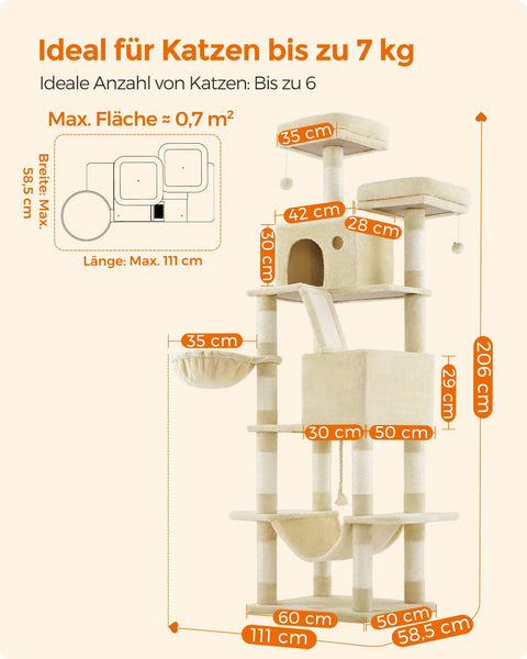 Rootz Large Beige Cat Tree - Cat Condo - Multi-level Cat Tower - Chipboard, Plush, Sisal - 60cm x 50cm x 206cm - 23.5kg - 75 kg Capacity