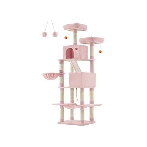 Rootz Cat Scratching Post - Scratcher - Climbing Tree - Chipboard Plush - 60cm x 50cm x 206cm - Large Cat Tower - Pastel Pink - 23.5kg