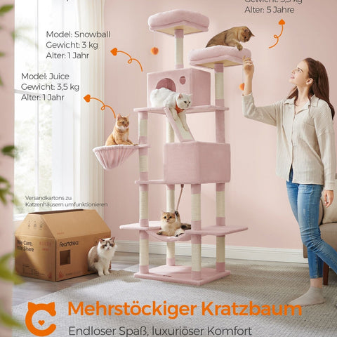 Rootz Cat Scratching Post Tower - Cat Tree - Activity Centre - Chipboard & Plush - 60cm x 50cm x 206cm - Prevents Tipping - 23.5kg