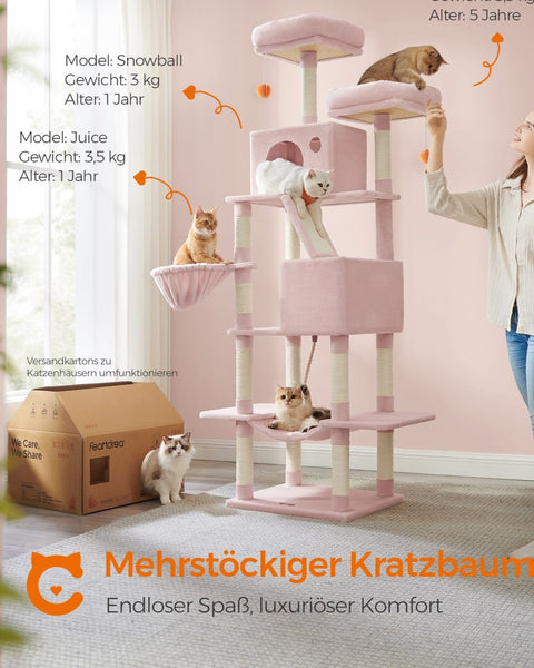 Rootz Cat Scratching Post - Scratcher - Climbing Tree - Chipboard Plush - 60cm x 50cm x 206cm - Large Cat Tower - Pastel Pink - 23.5kg