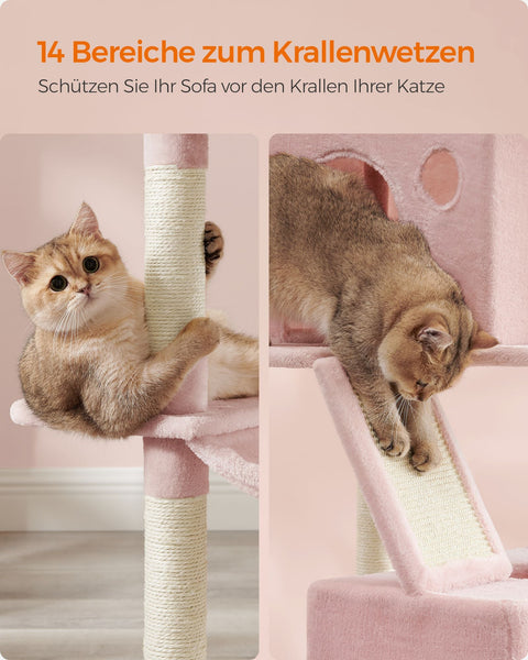 Rootz Cat Scratching Post - Scratcher - Climbing Tree - Chipboard Plush - 60cm x 50cm x 206cm - Large Cat Tower - Pastel Pink - 23.5kg