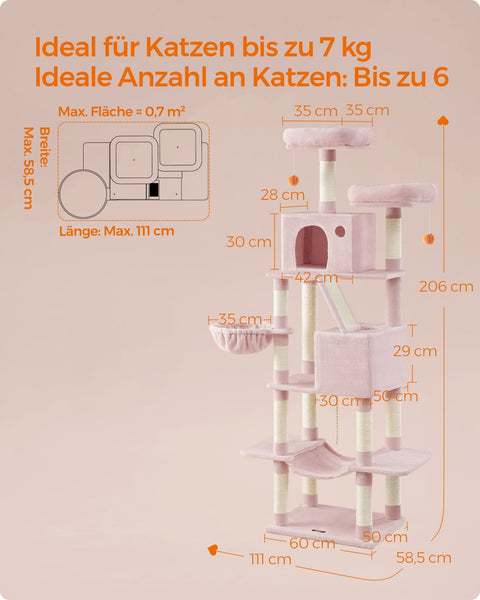 Rootz Cat Scratching Post Tower - Cat Tree - Activity Centre - Chipboard & Plush - 60cm x 50cm x 206cm - Prevents Tipping - 23.5kg
