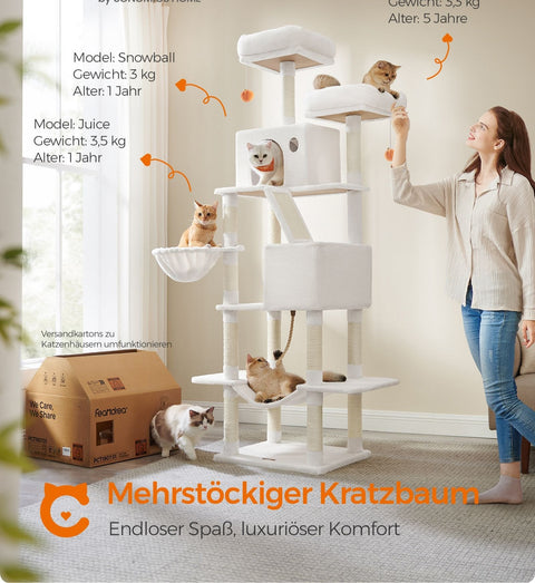 Rootz Large Scratching Post - Cat Tree - Climbing Tower - Chip Board - Plush - Sisal - 60cm x 50cm x 206cm, Cream White