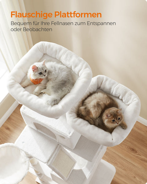 Rootz Large Scratching Post - Cat Tree - Climbing Tower - Chip Board - Plush - Sisal - 60cm x 50cm x 206cm, Cream White